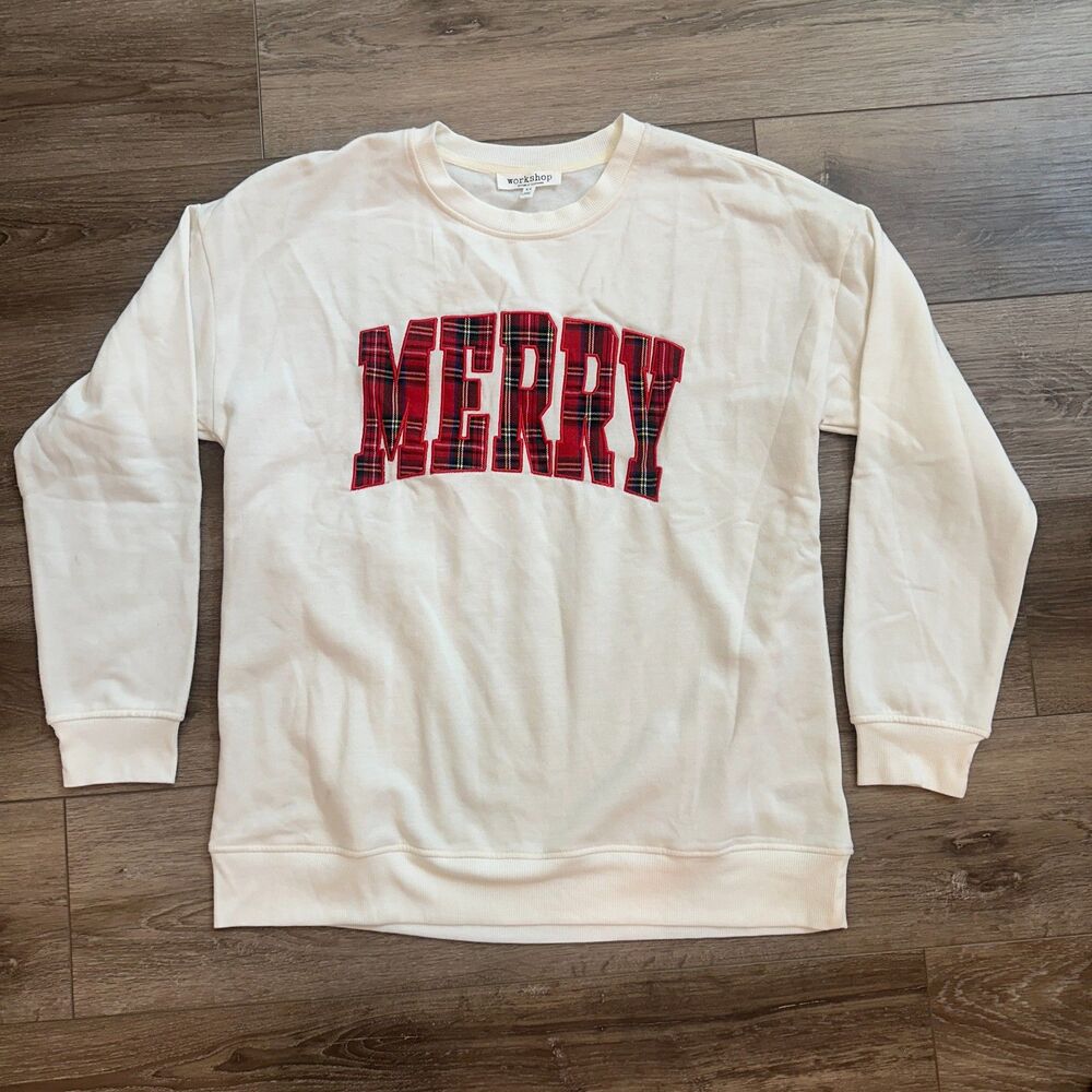 Cream Plaid Merry Applique Letter Pullover Holiday Christmas Sweatshirt - Size M